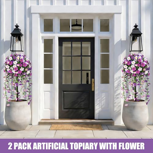 Yangrass Artificial Topiary Ball Trees with Purple Morning Glory Flowers, 3FT Artificial Bushes Faux Outdoor Plants Set of 2 with Ground Spike, UV Resistant Fake Shrubs for Front Porch Garden - Image 2