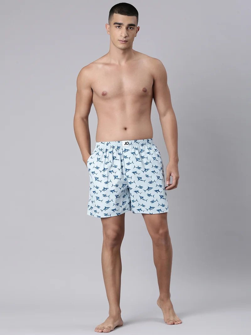 Joven Sea Blue and Midnight Navy Men Printed Pure Cotton Side Pocket Boxers Pack of 2 for Men | Best Price UAE