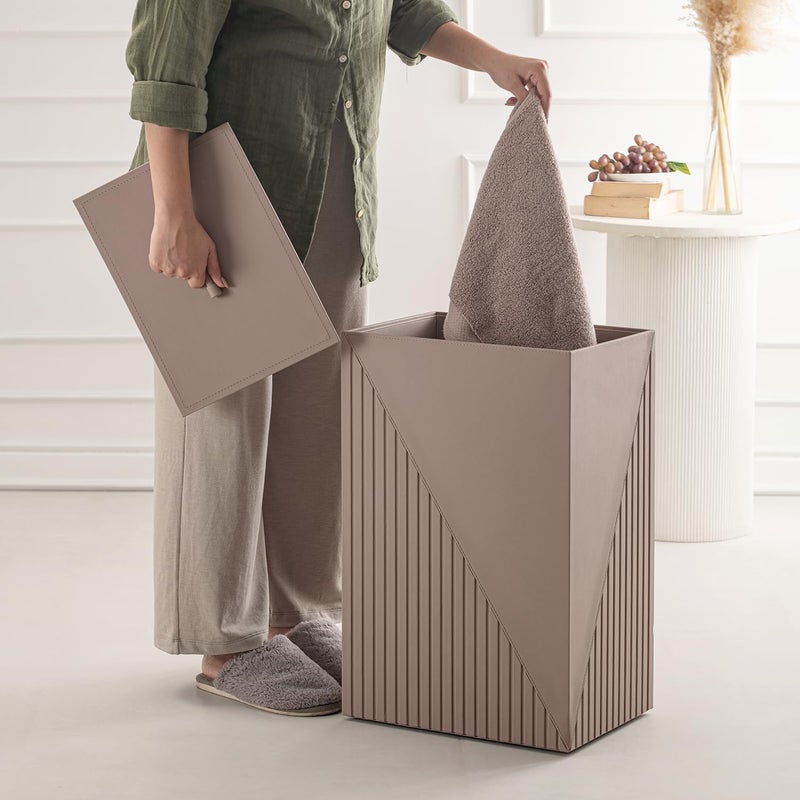 SPREAD SPAIN SPREAD SPAIN Elegant Fluted Laundry Hamper For Home Taupe Modern Multipurpose Clothes Storage Laundry Basket For Bedroom Freestanding Toy Basket Clothes Bin With Lid  - Image 1