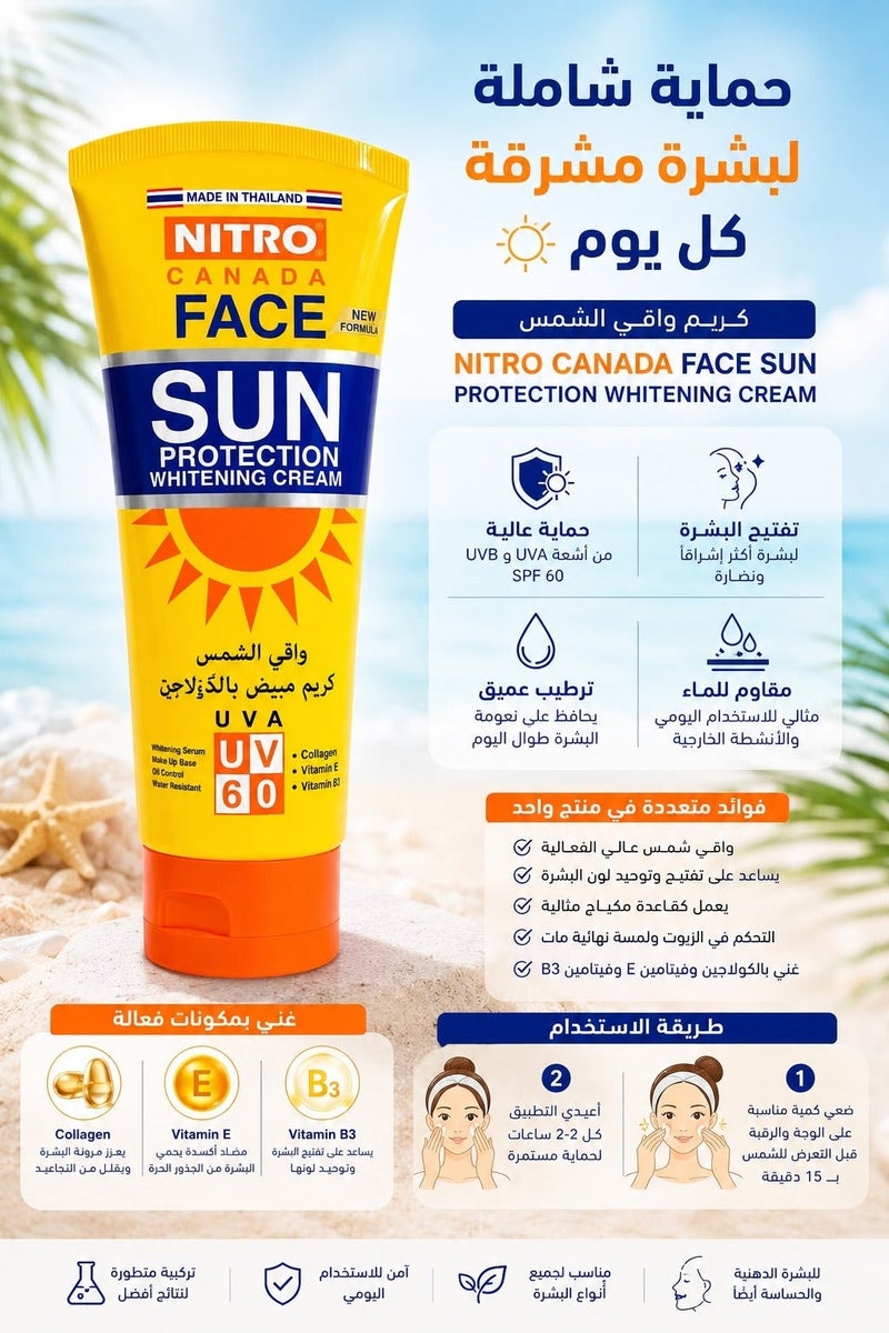 NITRO CANADA Face Sun Protection Whitening Cream With Collagen UVA 60- 170G - Image 3