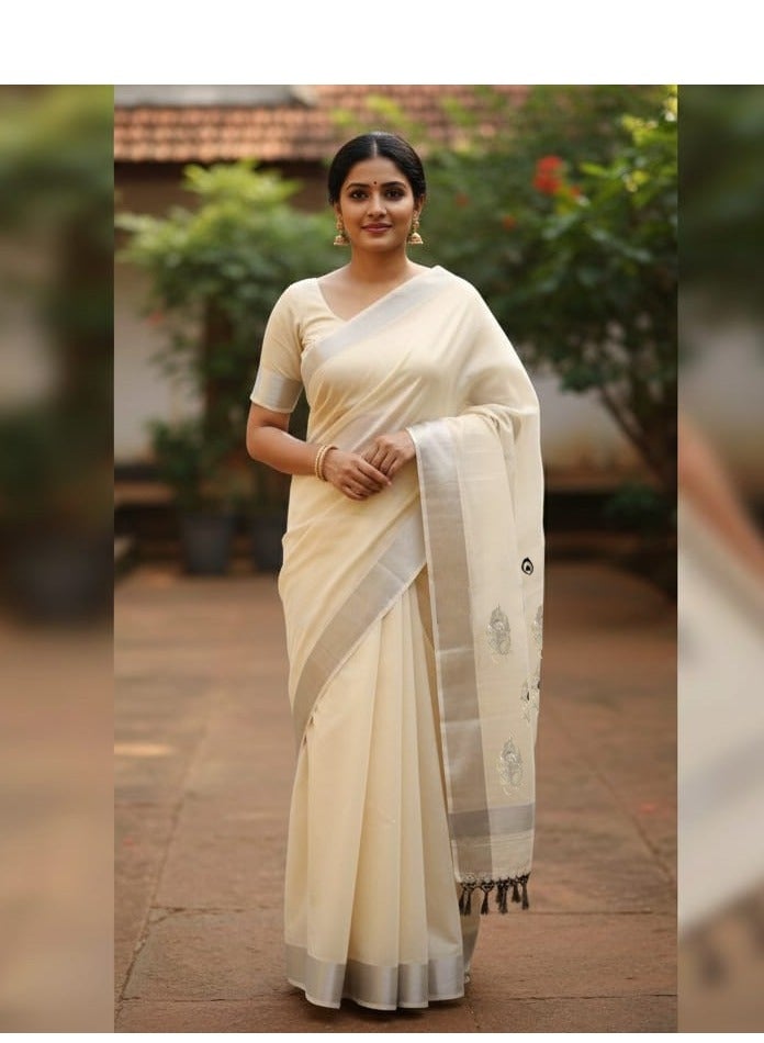 A.M traditional Indian saree, likely a Kerala Kasavu style, featuring a classic off-white or cream body with extensive silver Peacock Feather - Image 2