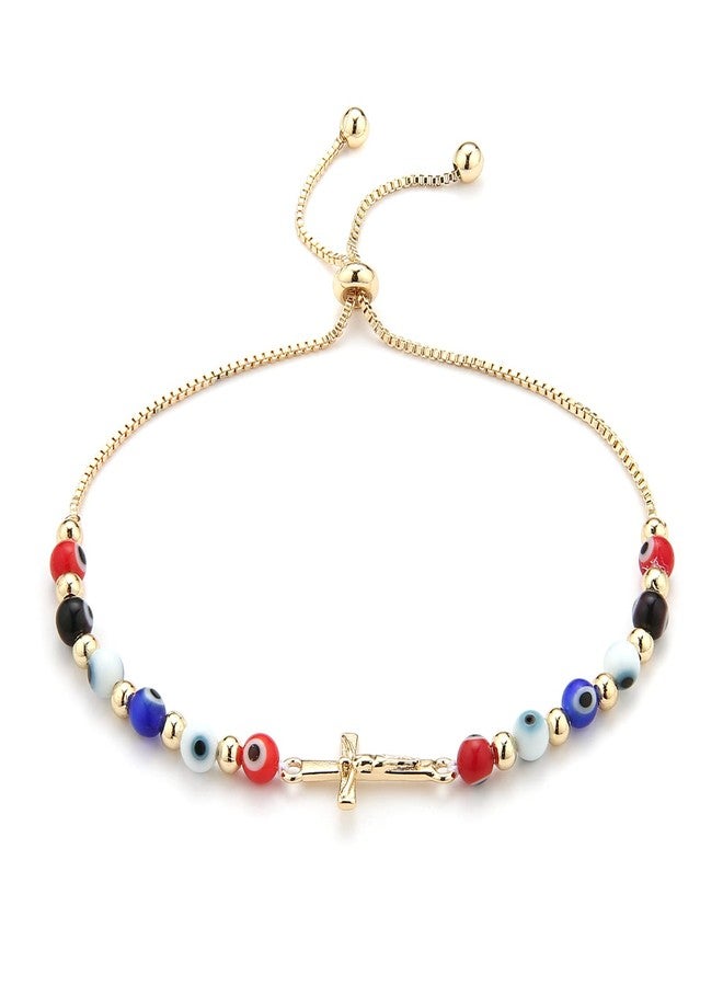 HZMAN Evil Eye Bracelet for Women Men 14K Gold Plated Jesus Crucifix Cross Retro Evil Eye Beads Luck Protection Stretch Bracelet Jewelry Gift - Image 1