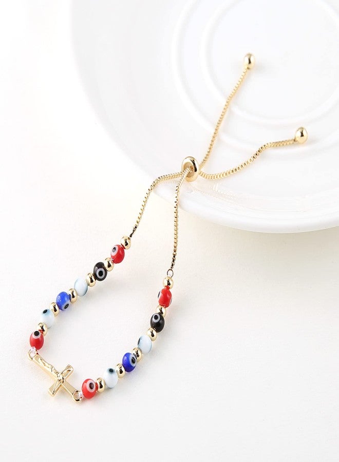 HZMAN Evil Eye Bracelet for Women Men 14K Gold Plated Jesus Crucifix Cross Retro Evil Eye Beads Luck Protection Stretch Bracelet Jewelry Gift - Image 2