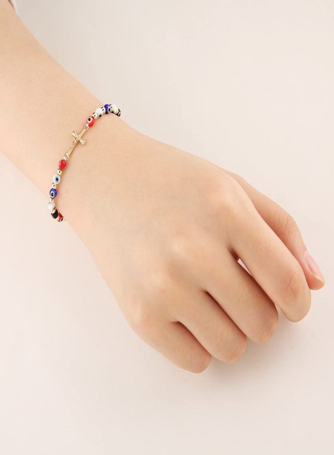 HZMAN Evil Eye Bracelet for Women Men 14K Gold Plated Jesus Crucifix Cross Retro Evil Eye Beads Luck Protection Stretch Bracelet Jewelry Gift - Image 3