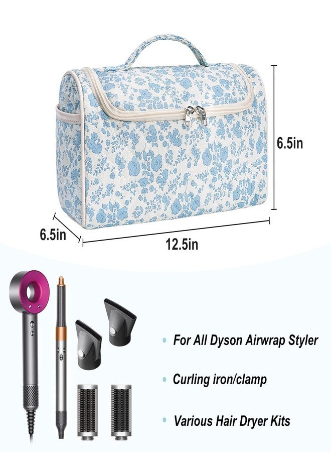 idoltimes Quilted Hair Tools Travel Bag, Cute Portable Organizer Case with Hanging Hook, Compatible with Dyson Airwrap Styler,Hair Curler Accessories, Blue Flower - Image 2