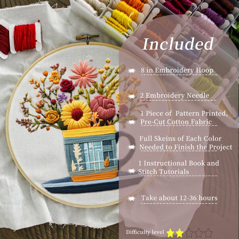 FONNUY Floral Embroidery Kit for Beginners, Colorful Flowers Pre-Stamped Pattern Kits for Adults with Hoop, Thread Needlework, 8'' Hoop (Cup) - Image 2