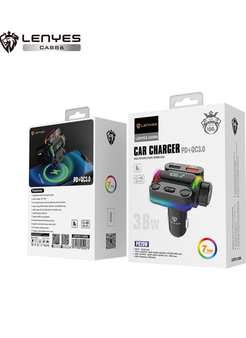 Lenyes - Lenyes CA886 HD Lossless Sound Quality Fast Car Charging, Multifuntion WIRELESS 5.1 38W PD+QC3.0,USB MUSIC +TF+Colorful Ambient Light. - Image 1