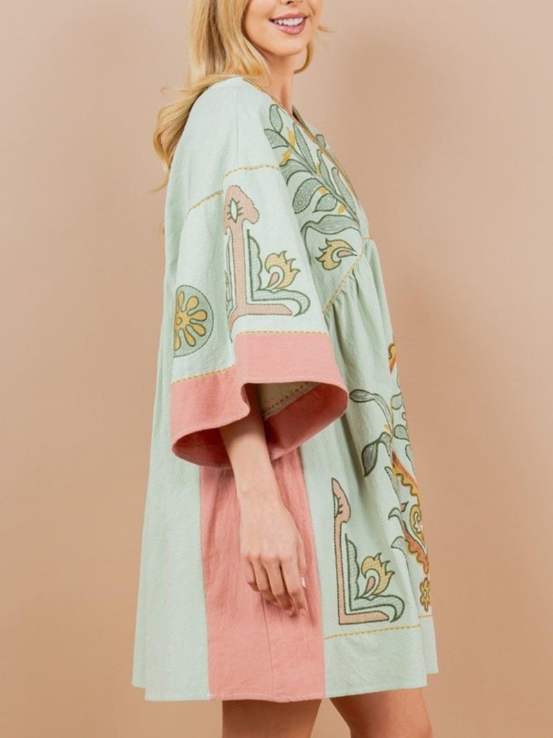 Joiemont Womens Oversized Embroidered Dress with V-Neck and 3/4 Sleeves Vintage Embroidery Babydoll Dress(0603-LightGreen-M) - Image 2