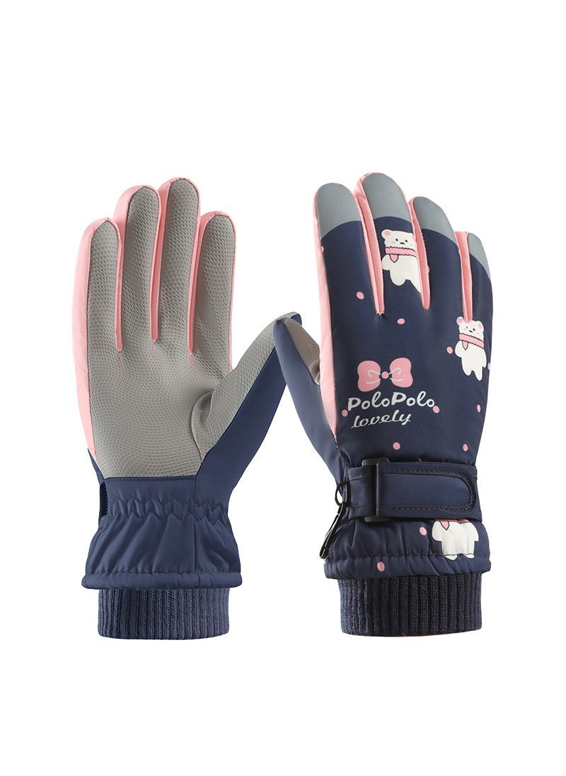 Generic Cross-border winter childrens ski gloves fleece-lined touch screen riding five finger non-slip windproof children student warm gloves Navy blue