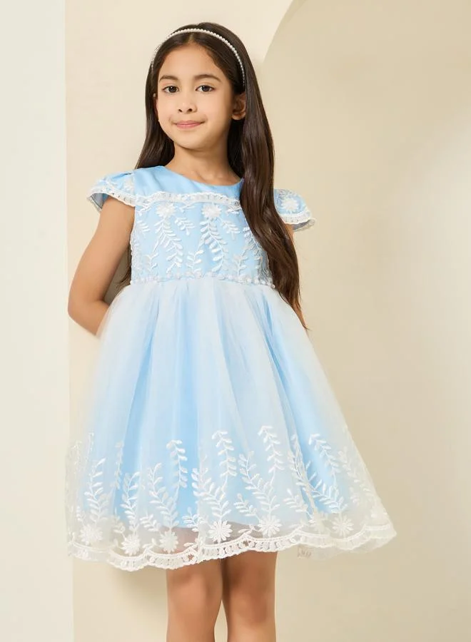 Styli Girls Light Blue Embroidered A-Line Dress