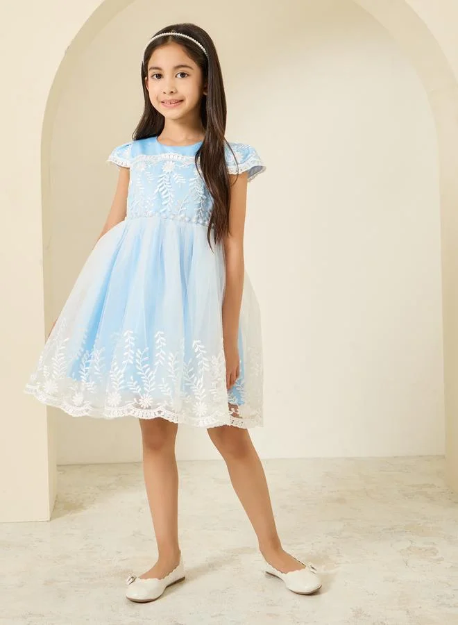 Styli Girls Light Blue Embroidered A-Line Dress