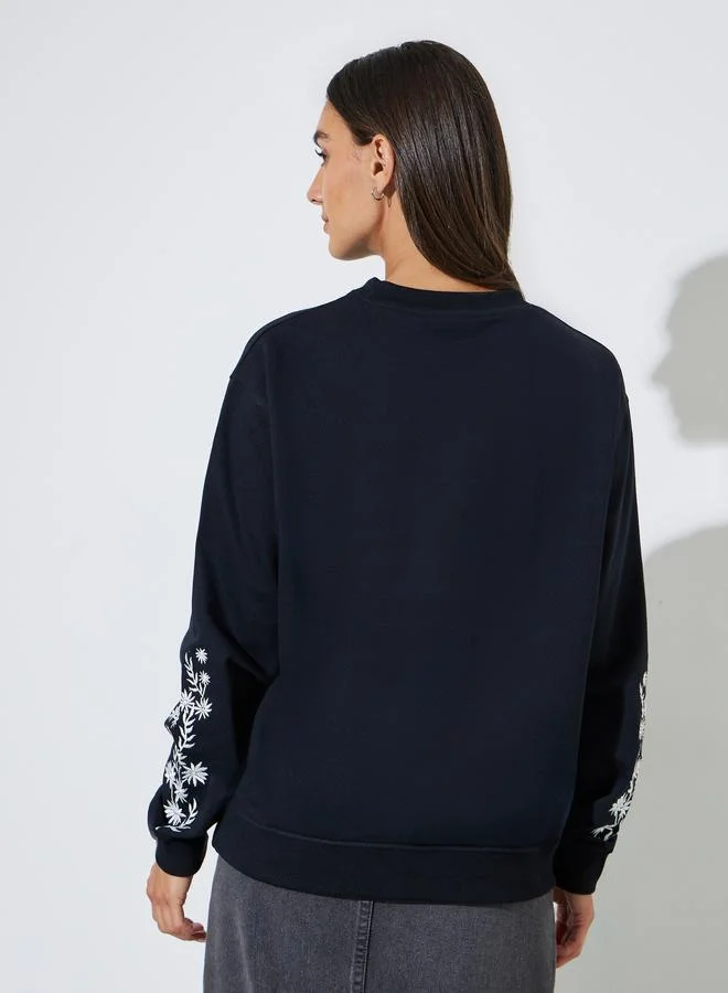 Styli  Black Embroidered Regular Fit Sweatshirt for Women | Best Price UAE