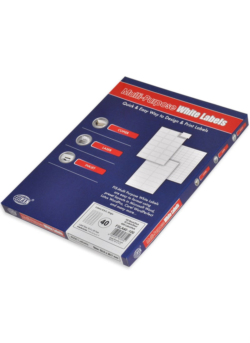FIS - FIS Multipurpose Laser Labels, Colour White, Size 29.7X52.5MM (40 Stickers x 100 Sheet) 4000 Labels, Size : A4 (21X29.7 CM) , Pack of 100 Sheets - FSLA40-100 - Image 1