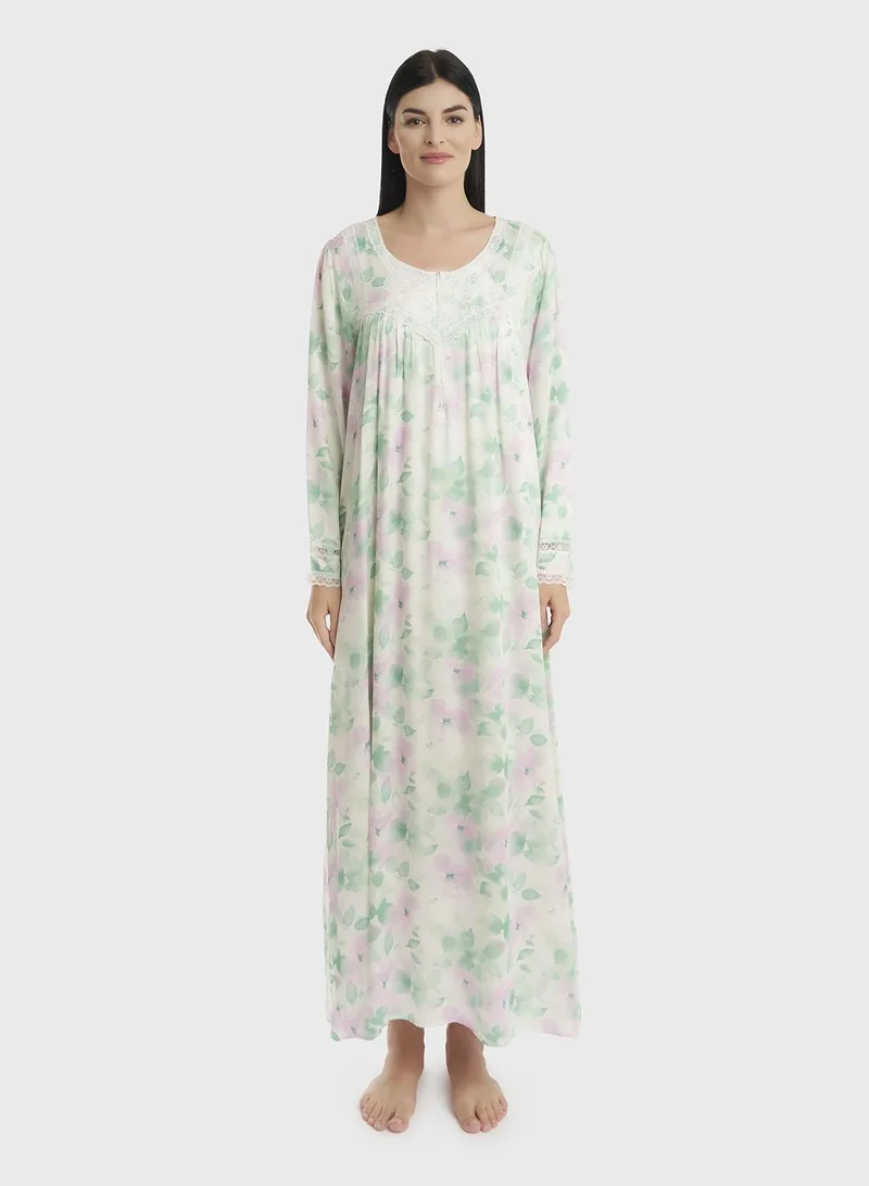 KASHKHA Printed Brook Teal Viscose Long Nighty (CNH451)
