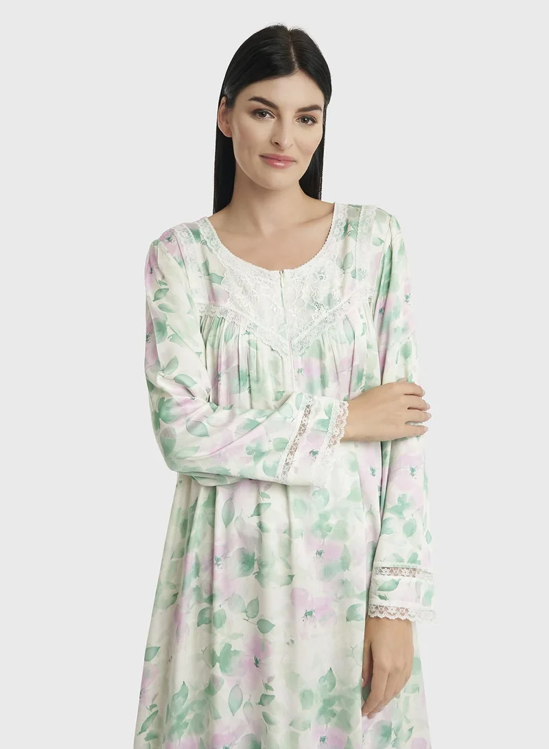 KASHKHA Printed Brook Teal Viscose Long Nighty (CNH451)