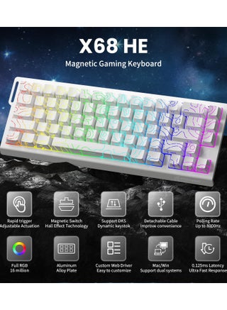 لوحة مفاتيح X68 HE بتردد 8000 هرتز، ودقة استجابة 0.01 مم، لوحة مفاتيح ألعاب سلكية مزودة بمفاتيح مغناطيسية، وإمكانية ضبط مستوى التشغيل، واستجابة سريعة، وخاصية Snap Tap، وإضاءة RGB لأجهزة الكمبيوتر الشخصية وأجهزة Mac، وإطارات بيضاء. - view 2