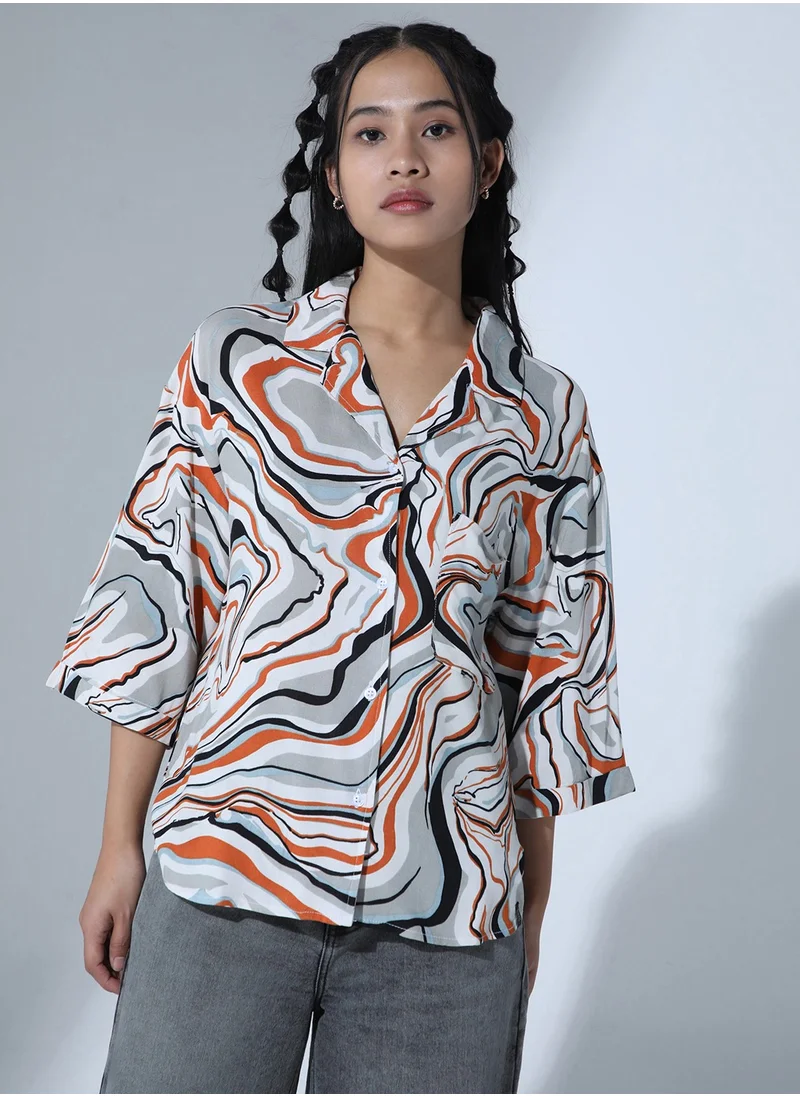 هوبرهولمي Baggy White & Grey Oversized Shirt for Women, Abstract Print