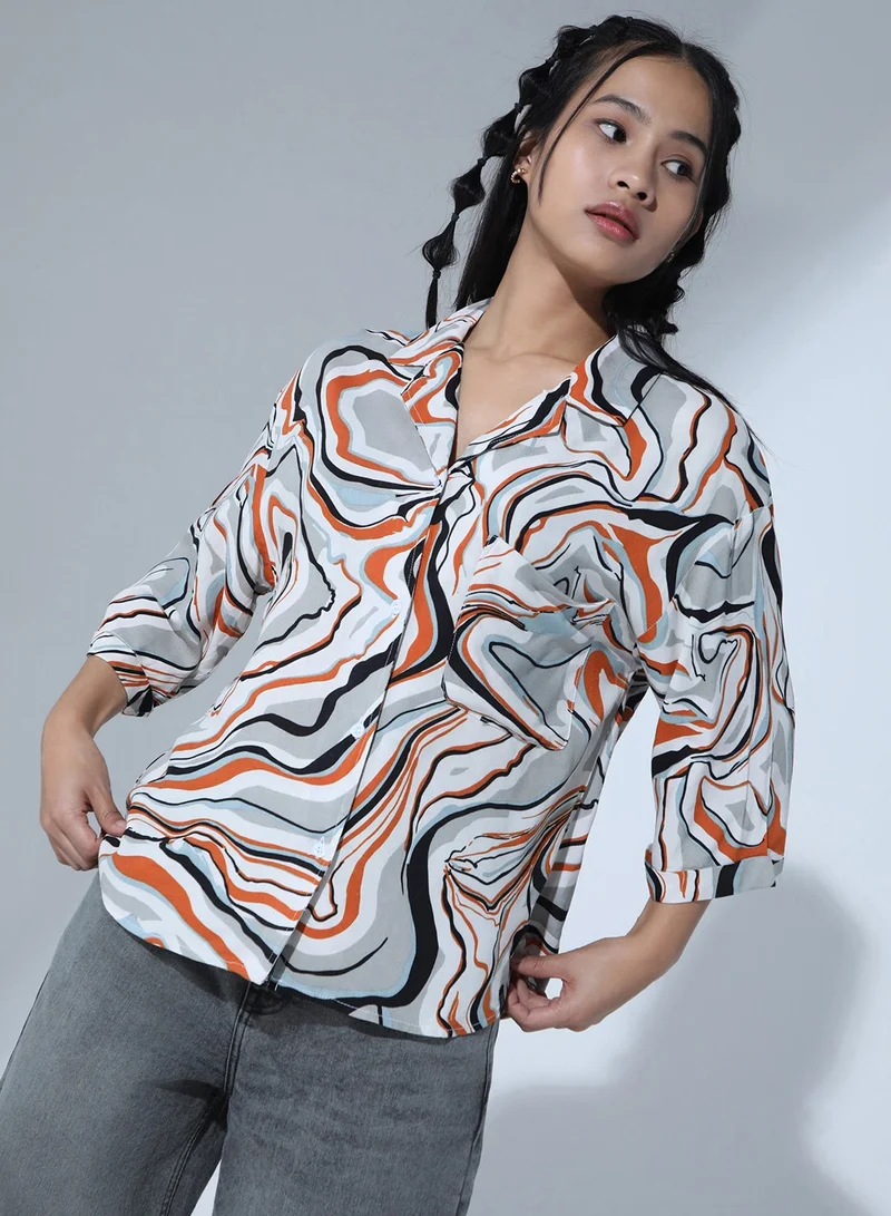 Hubberholme Baggy White & Grey Oversized Shirt for Women, Abstract Print
