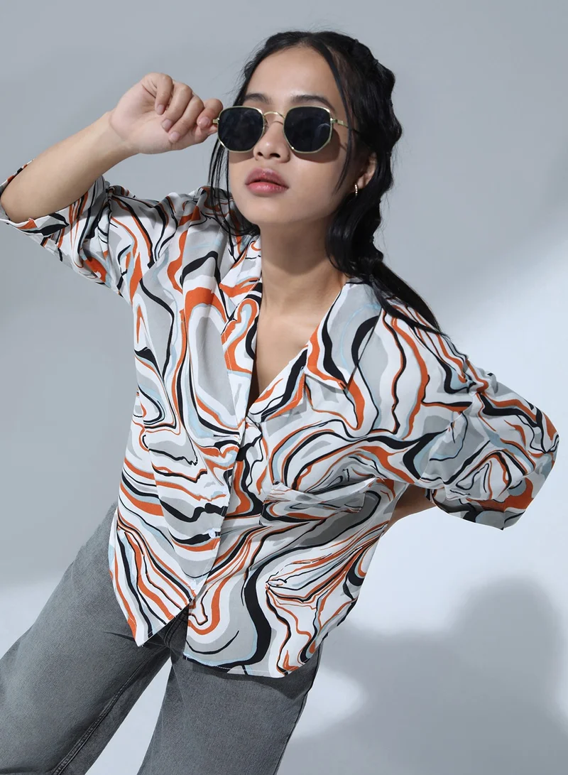 Hubberholme Baggy White & Grey Oversized Shirt for Women, Abstract Print