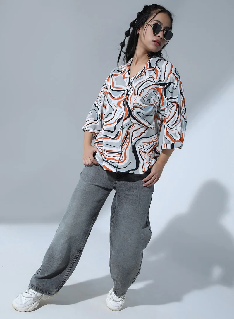 Hubberholme Baggy White & Grey Oversized Shirt for Women, Abstract Print