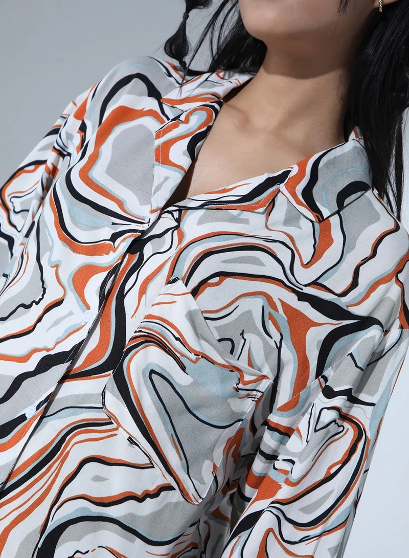Hubberholme Baggy White & Grey Oversized Shirt for Women, Abstract Print