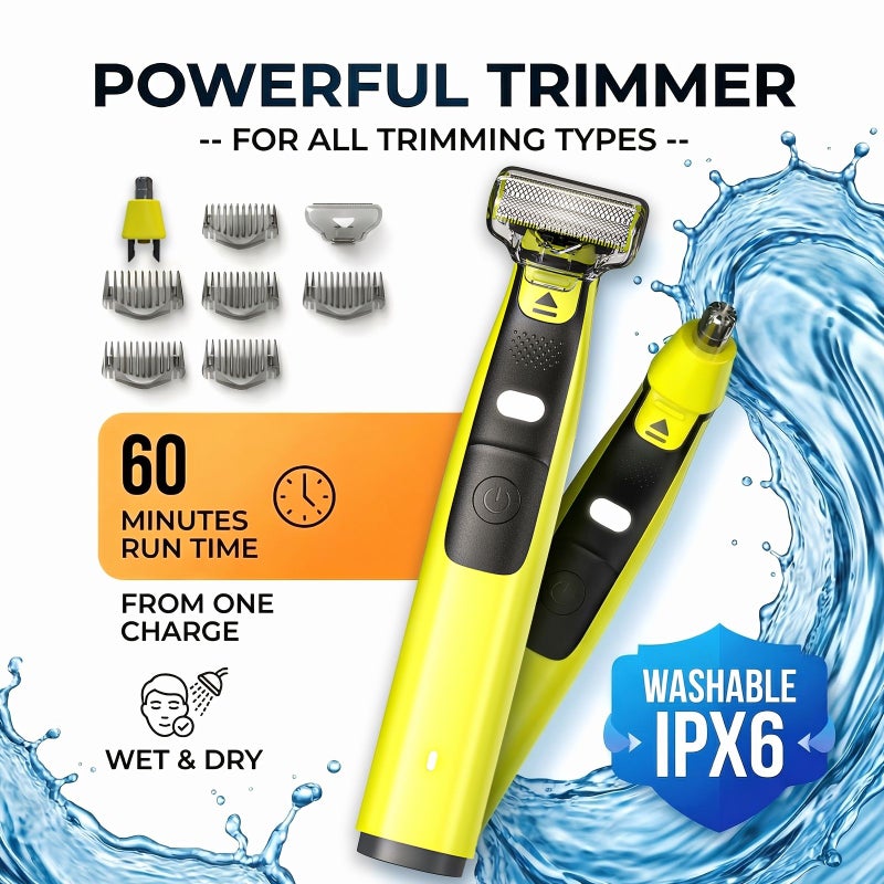 Yellow Electric Shaver For Men With Nose Trimmer Head LED Light USB C Rechargeable IPX6 Washable Manscaping Trimmer For Face Beard And Groin 6 Combs 1 To 6Mm Cap Travel Bag - Image 1