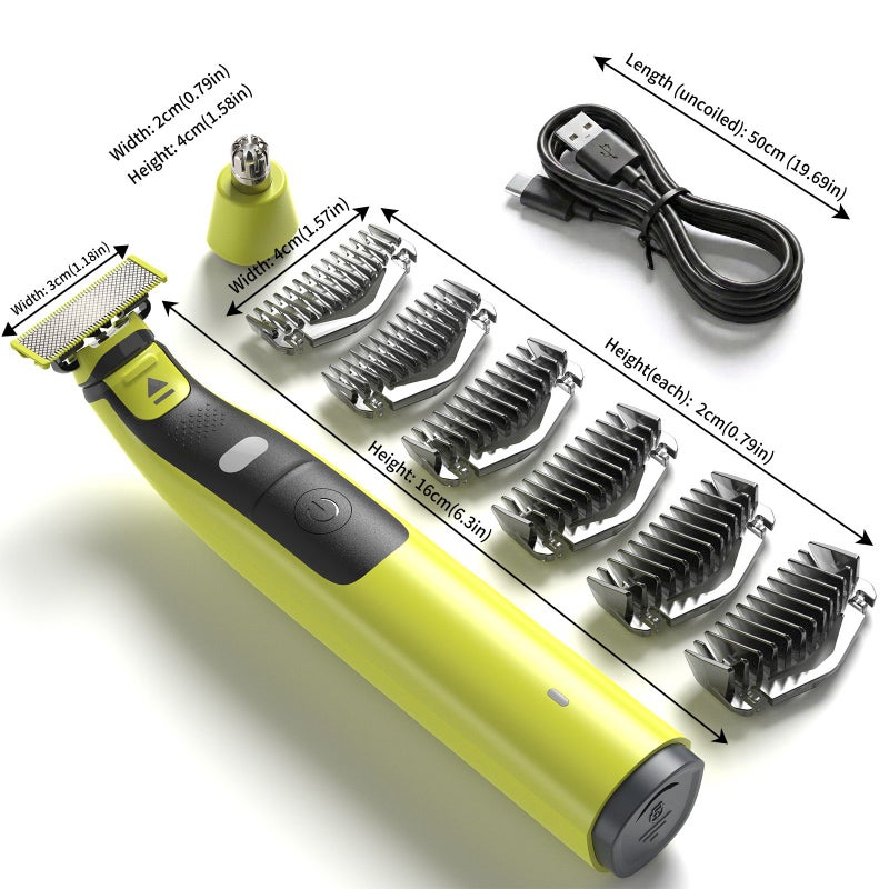 Yellow Electric Shaver For Men With Nose Trimmer Head LED Light USB C Rechargeable IPX6 Washable Manscaping Trimmer For Face Beard And Groin 6 Combs 1 To 6Mm Cap Travel Bag - Image 2