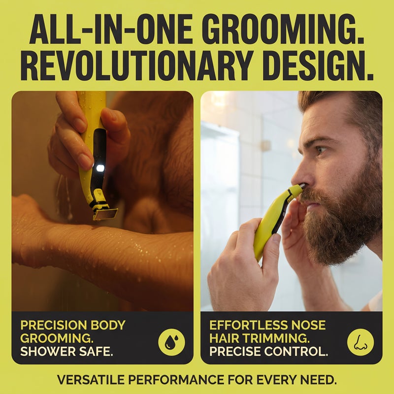 Yellow Electric Shaver For Men With Nose Trimmer Head LED Light USB C Rechargeable IPX6 Washable Manscaping Trimmer For Face Beard And Groin 6 Combs 1 To 6Mm Cap Travel Bag - Image 3