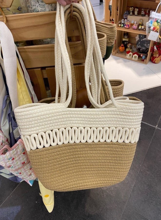 DYARCHY Cotton Rope Tote Bag with Zipper | Large Handwoven Shoulder Handbag | Stylish Multipurpose Casual Shopping & Travel Bag for Women (Beige & white) - Image 3