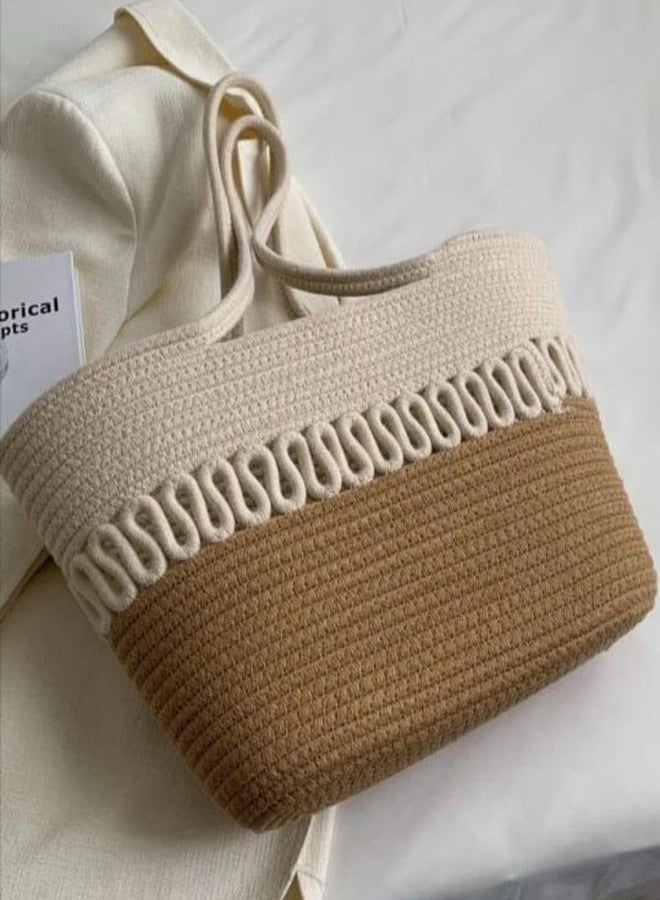 DYARCHY Cotton Rope Tote Bag with Zipper | Large Handwoven Shoulder Handbag | Stylish Multipurpose Casual Shopping & Travel Bag for Women (Beige & white) - Image 2