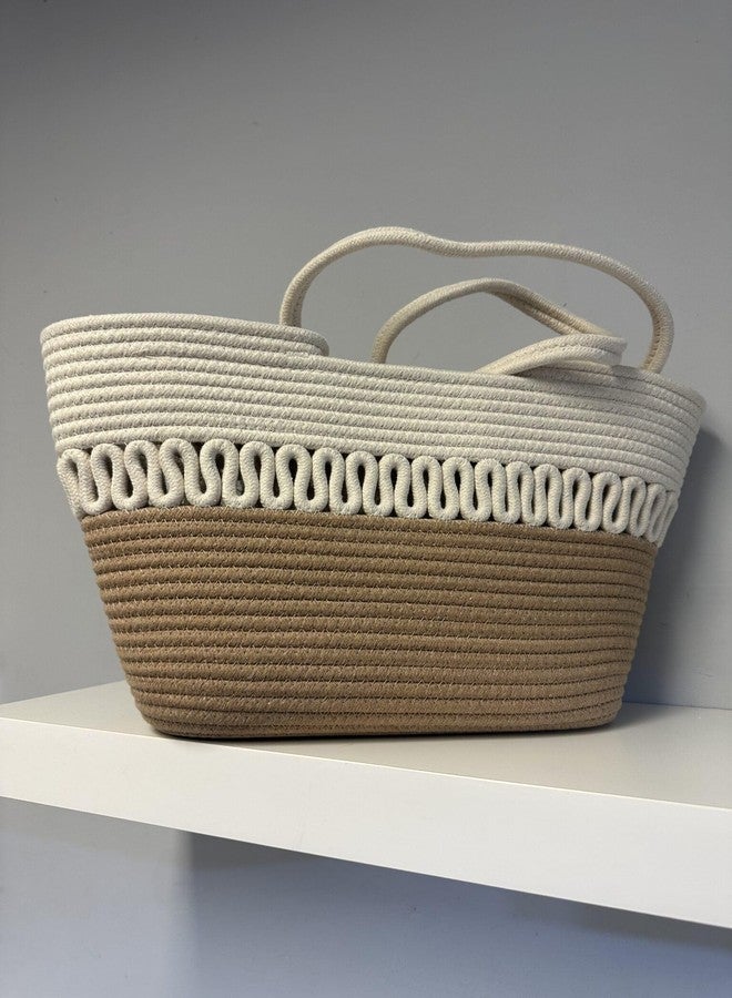 DYARCHY Cotton Rope Tote Bag with Zipper | Large Handwoven Shoulder Handbag | Stylish Multipurpose Casual Shopping & Travel Bag for Women (Beige & white) - Image 4
