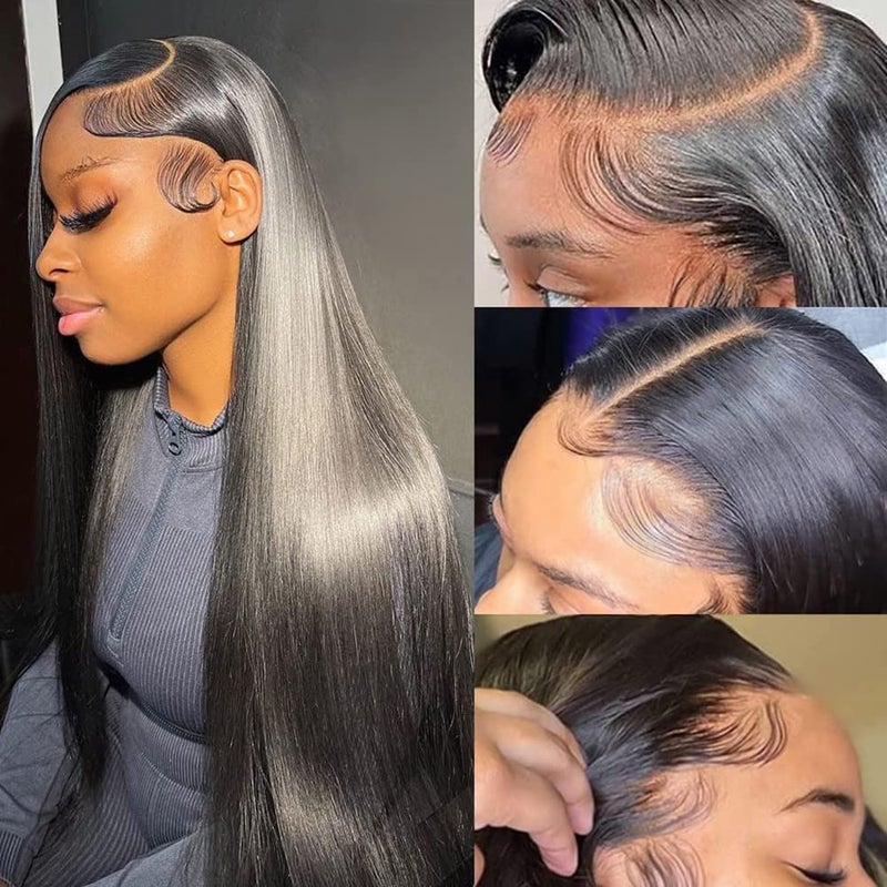 Subella 13x5 HD Straight Lace Frontal Wig Pre Plucked Hairline with Baby Hair Glueless 180 Density Transparent Lace Front Human Hair Wigs for Black Women Natural Black Color 30inch