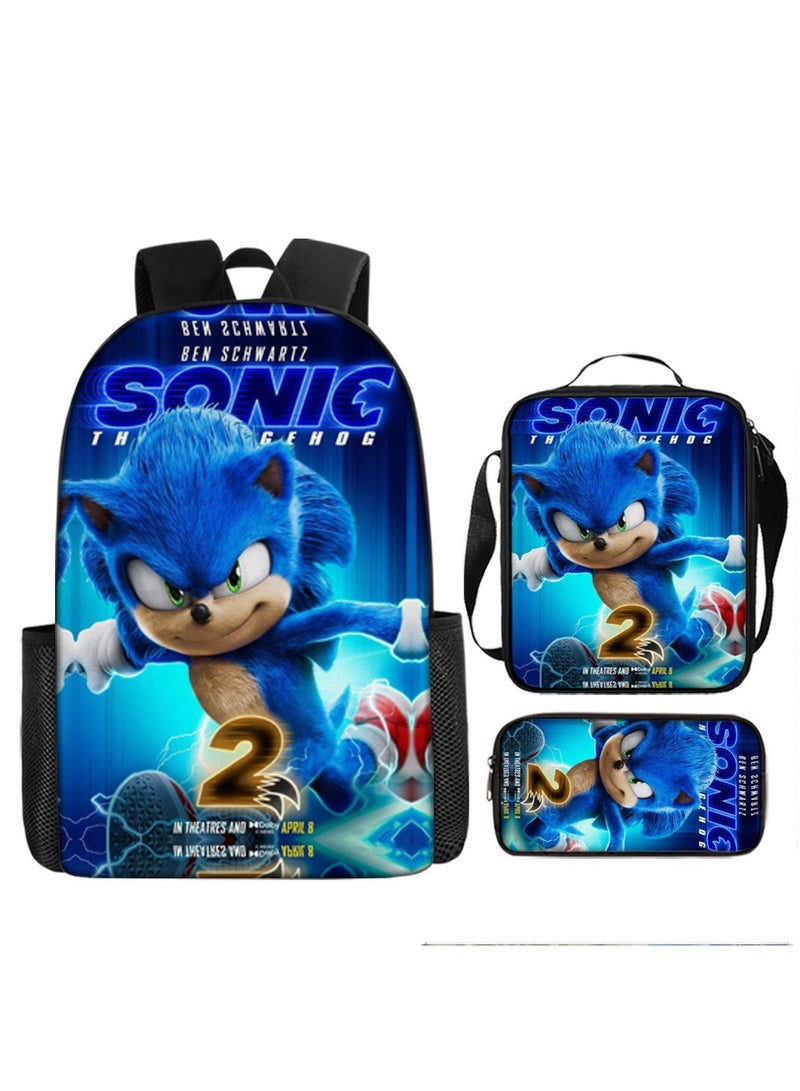 Sonic student large capacity backpack three piece set, anime cartoon backpack, shoulder bag pen bag