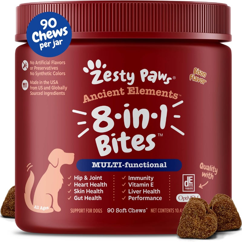 Zesty Paws Dog Multivitamin, Chewable Dog Vitamins and Supplements for Hip & Joints, Skin & Coat, Omega 3 Fish Oil for Dogs- Senior & Puppy Multivitamin - Bison- 90ct - Image 1