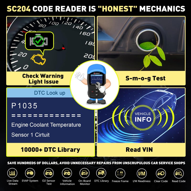 CGSULIT أداة تشخيص الماسح الضوئي Obd2 المحسنة Cgsulit Sc204 تحقق من قارئ رمز المحرك مع إعادة ضبط الضباب الدخاني والتحقق من البيانات الحية للكود الواضح والمزيد من قارئات رموز السيارات وأدوات المسح الضوئي لجميع مركبات Obdii/Eobd بعد عام 1996 - Image 3