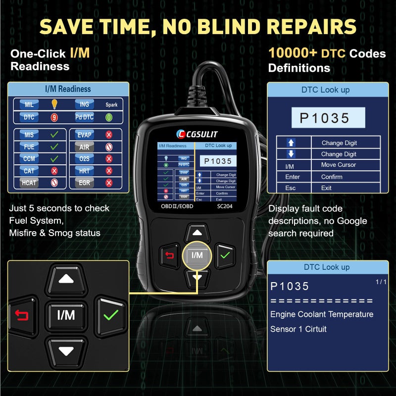 CGSULIT أداة تشخيص الماسح الضوئي Obd2 المحسنة Cgsulit Sc204 تحقق من قارئ رمز المحرك مع إعادة ضبط الضباب الدخاني والتحقق من البيانات الحية للكود الواضح والمزيد من قارئات رموز السيارات وأدوات المسح الضوئي لجميع مركبات Obdii/Eobd بعد عام 1996 - Image 5