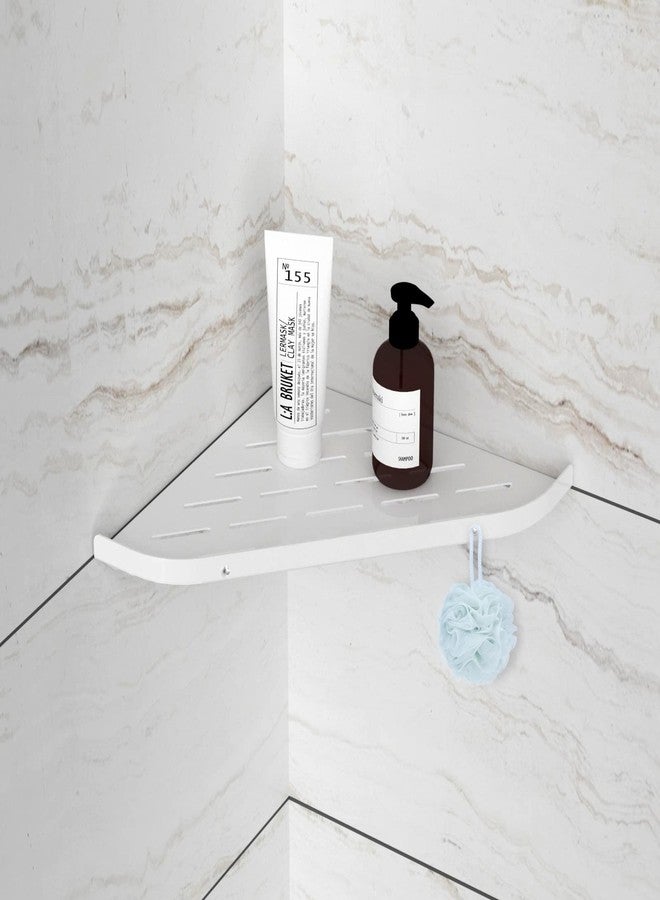 Qeke Bathroom Corner Shelf, 9" Shower Shelf Caddy, SUS304 Stainless Steel Shelf Wall Mount Corner Shelf with 2 Hooks, Matte White - Image 2