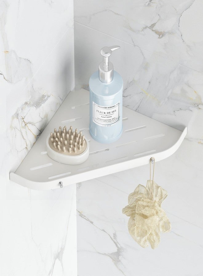 Qeke Bathroom Corner Shelf, 9" Shower Shelf Caddy, SUS304 Stainless Steel Shelf Wall Mount Corner Shelf with 2 Hooks, Matte White - Image 1