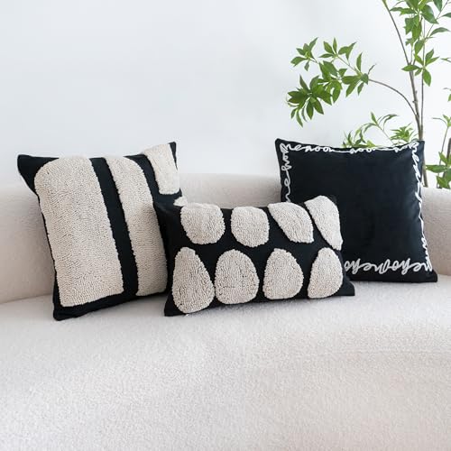 VANNCIO Black White Boho Chunky Tufted Pillow Cover, Neutral Decorative Oblong Throw Pillow Case, Geometric Woven Modern Sham for Bed Couch Living Room, 12x20 inches, 1PCS - Image 2