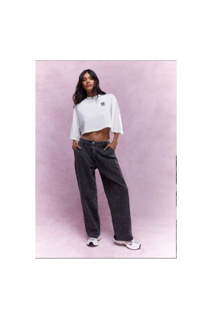 Shein Street style embroidered cotton T-shirt with a runaway shoulder cut and a loose, cropped fit.  - Image 4