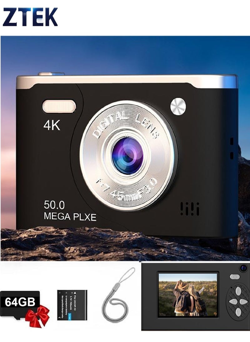 ZTEK 【64GB 4K Dual-Lens Digital Camera】 64GB SD Card Included,50MP Point and Shoot，Autofocus & Macro Shooting, Front and Rear Cameras,  with LED Fill Lights，Compact Point and Shoot Camera for Kids, Teens, Boys & Girls  - Image 1