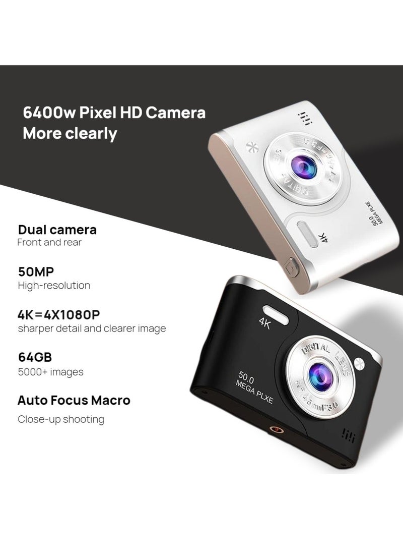 ZTEK 【64GB 4K Dual-Lens Digital Camera】 64GB SD Card Included,50MP Point and Shoot，Autofocus & Macro Shooting, Front and Rear Cameras,  with LED Fill Lights，Compact Point and Shoot Camera for Kids, Teens, Boys & Girls  - Image 2