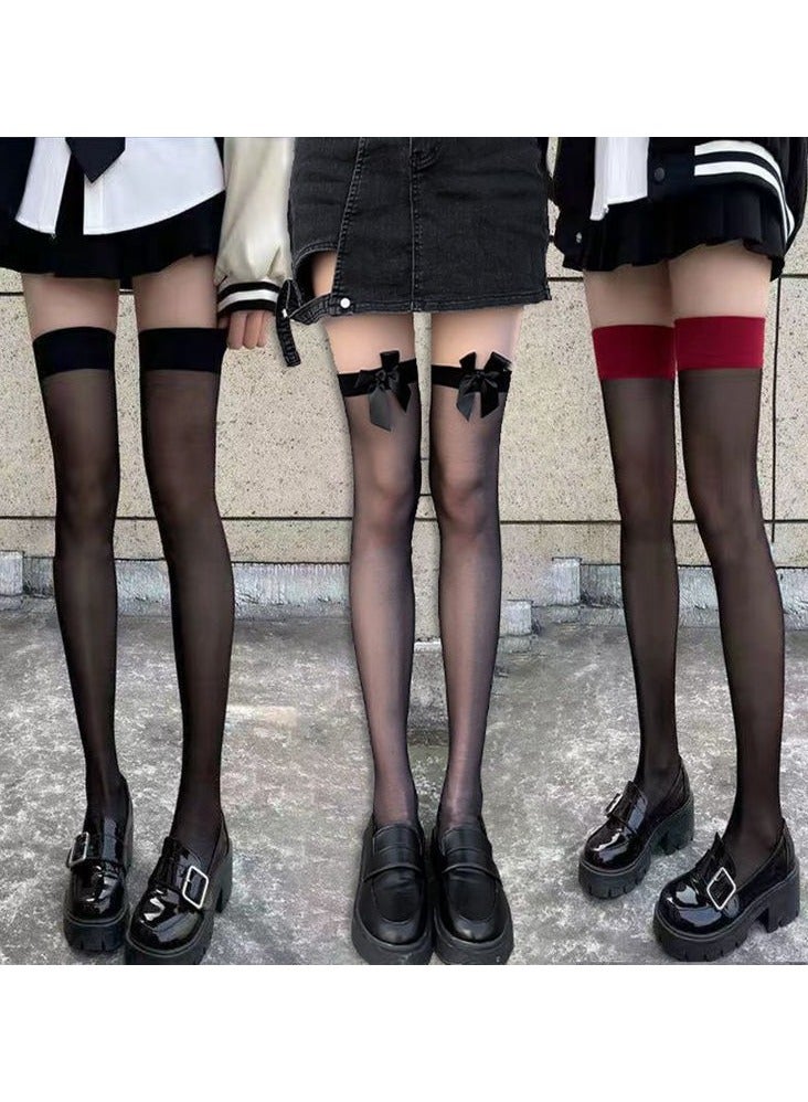 RIOXS Bowknot high socks thigh socks over knee socks stockings suitable for college style girls in summer, sweet and cute knee-high socks (black, 3 pairs)  - Image 1