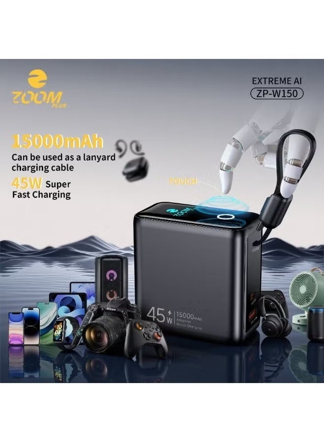 زوم بلس باور بنك زوم بلس ZP-W150 Extreme AI بسعة 15000 مللي أمبير | شحن فائق السرعة 45 واط إدخال وإخراج | كابل مدمج | شاشة لمس ذكية | تصميم مدمج وقوة عالية - Image 1