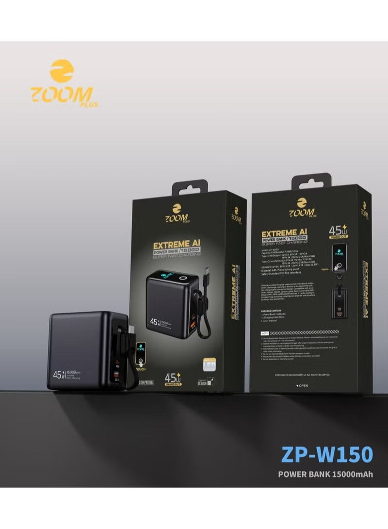 زوم بلس باور بنك زوم بلس ZP-W150 Extreme AI بسعة 15000 مللي أمبير | شحن فائق السرعة 45 واط إدخال وإخراج | كابل مدمج | شاشة لمس ذكية | تصميم مدمج وقوة عالية - Image 2