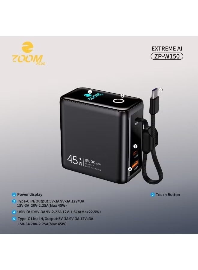 زوم بلس باور بنك زوم بلس ZP-W150 Extreme AI بسعة 15000 مللي أمبير | شحن فائق السرعة 45 واط إدخال وإخراج | كابل مدمج | شاشة لمس ذكية | تصميم مدمج وقوة عالية - Image 4
