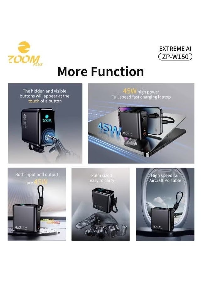 زوم بلس باور بنك زوم بلس ZP-W150 Extreme AI بسعة 15000 مللي أمبير | شحن فائق السرعة 45 واط إدخال وإخراج | كابل مدمج | شاشة لمس ذكية | تصميم مدمج وقوة عالية - Image 3