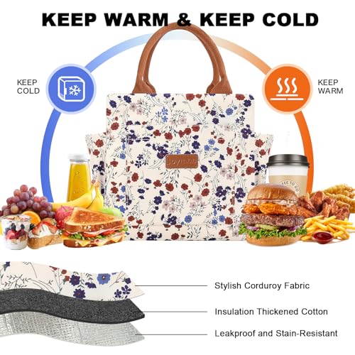Joymee Lunch Bag Women Insulated Lunch Box Cute Corduroy Reusable Leakproof Large Capacity Lunch Tote Bag for Women Men Adult with Bottle Holder and Side Pockets for Work - Corduroy Floral - Image 3