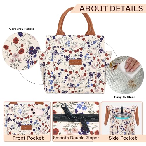 Joymee Lunch Bag Women Insulated Lunch Box Cute Corduroy Reusable Leakproof Large Capacity Lunch Tote Bag for Women Men Adult with Bottle Holder and Side Pockets for Work - Corduroy Floral - Image 5