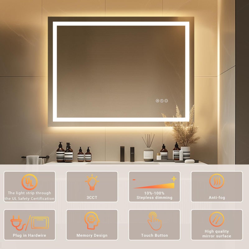AFMMFA 24"x 32" LED Bathroom Mirror with Stepless Dimmable, Backlight Wall Mirrors with Anti-Fog Bathroom Digital Mirror for Wall, 3 Color Modes, Memory Function Smart Mirror - Image 3